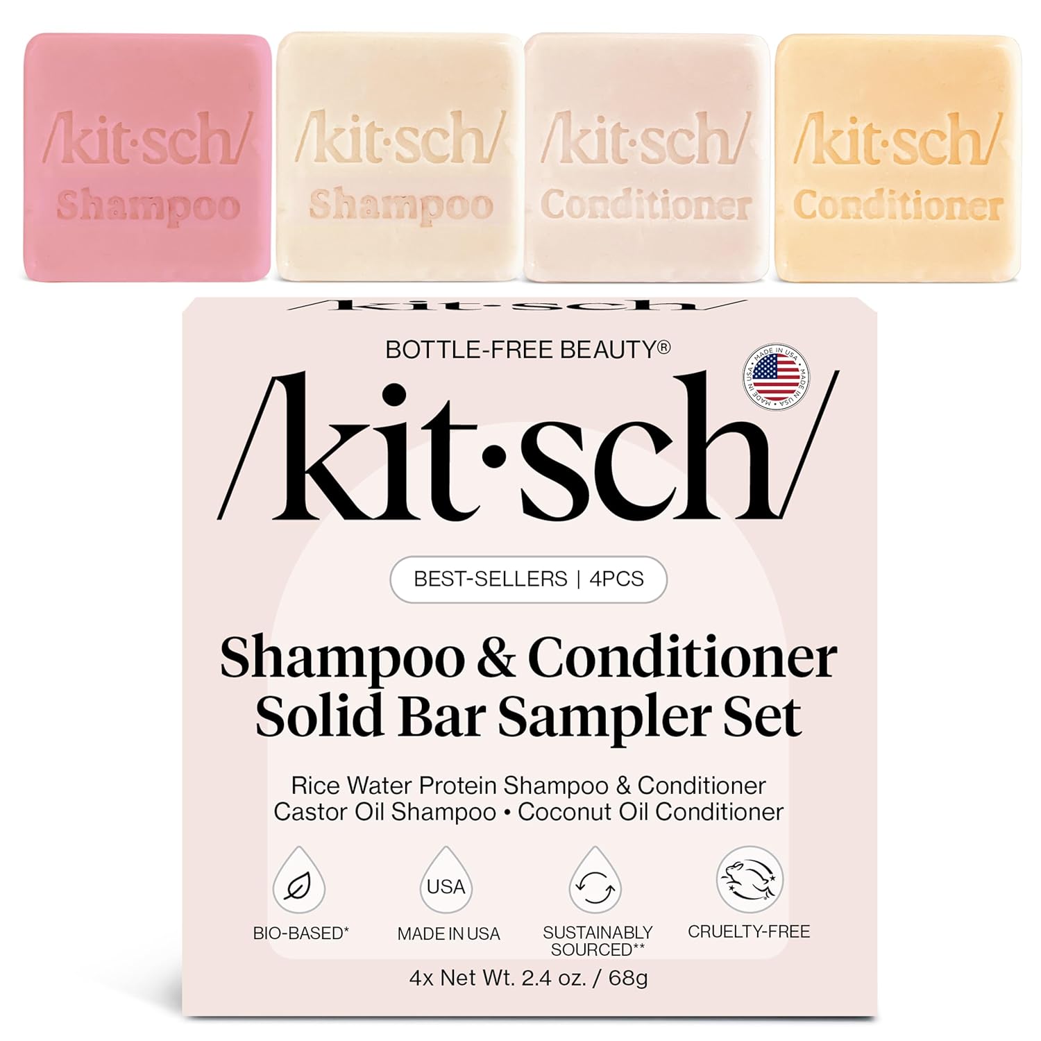 Kitsch Shampoo and Conditioner Set - 4pc Sampler Bars with Rice Water Shampoo and Conditioner, Castor Oil Shampoo & Coconut Oil Conditioner - Bottle-Free Beauty for Hair Growth, Repair & Moisture