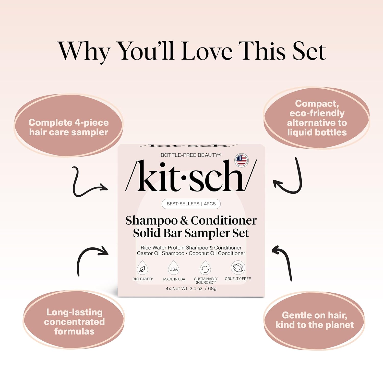 Kitsch Shampoo and Conditioner Set - 4pc Sampler Bars with Rice Water Shampoo and Conditioner, Castor Oil Shampoo & Coconut Oil Conditioner - Bottle-Free Beauty for Hair Growth, Repair & Moisture