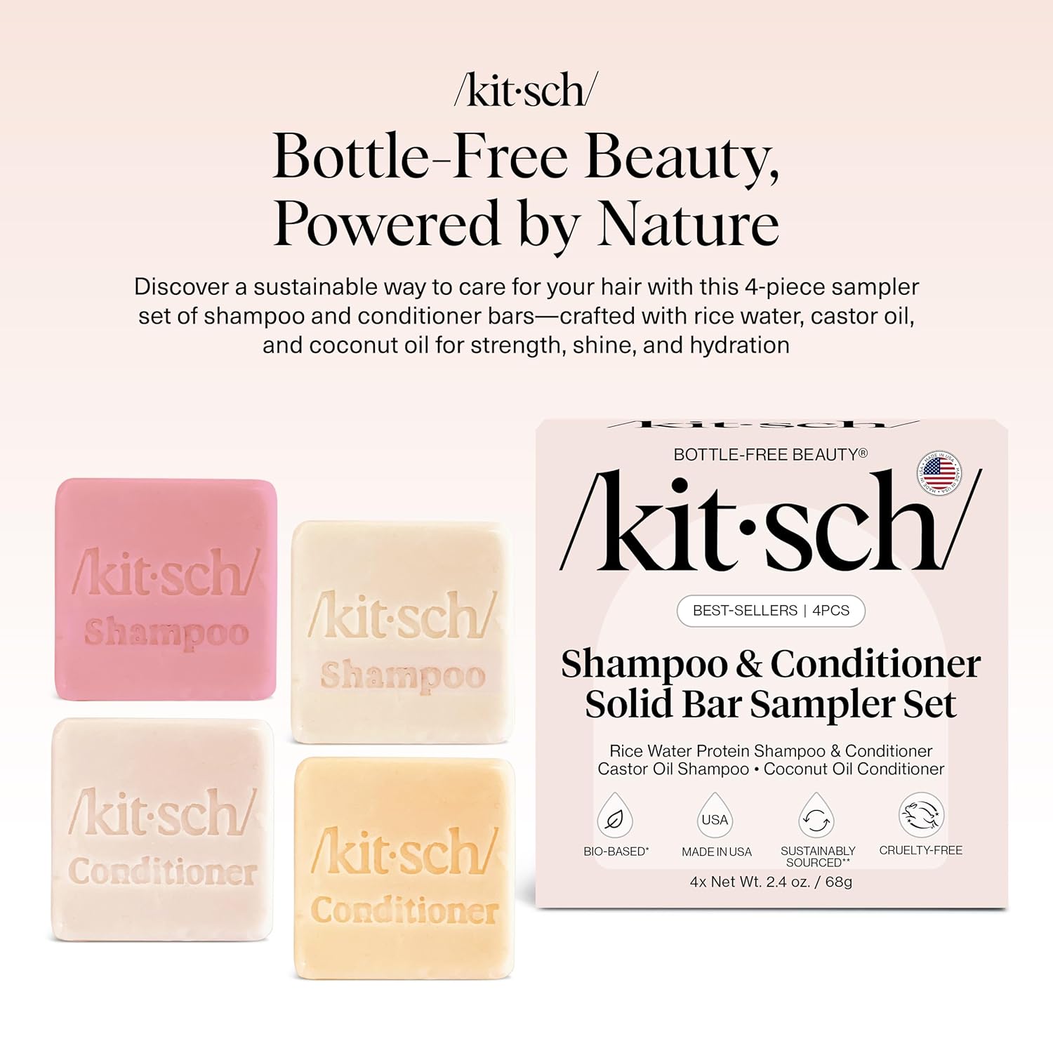 Kitsch Shampoo and Conditioner Set - 4pc Sampler Bars with Rice Water Shampoo and Conditioner, Castor Oil Shampoo & Coconut Oil Conditioner - Bottle-Free Beauty for Hair Growth, Repair & Moisture